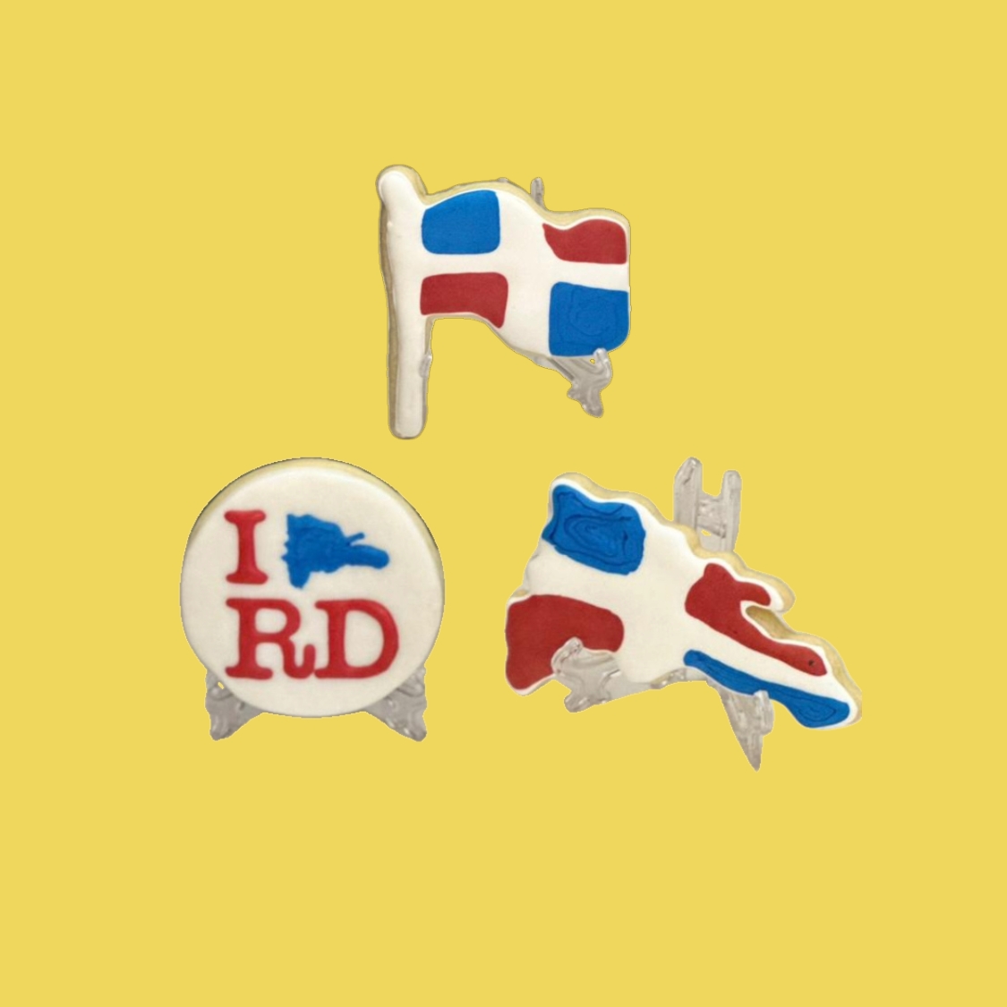Galletas decoradas con la bandera y mapa de la República Dominicana para eventos patrióticos o celebraciones dominicanas.